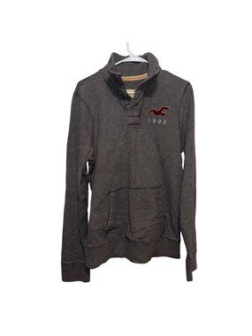 Hollister Mens Gray Pullover Sweatshirt Button Collar Kangaroo Pocket L